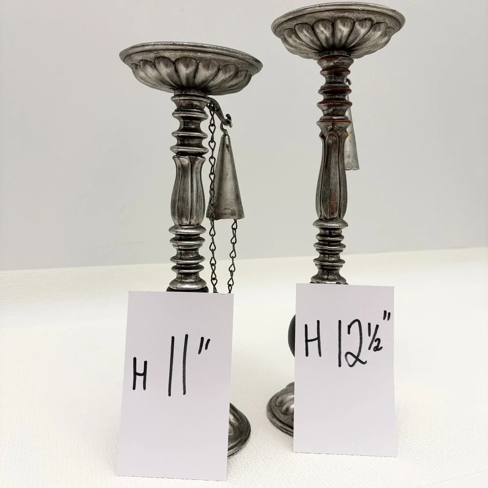 Vintage Candlestick Set with Snuffers Mismatched Metal Wood Silver Brown
